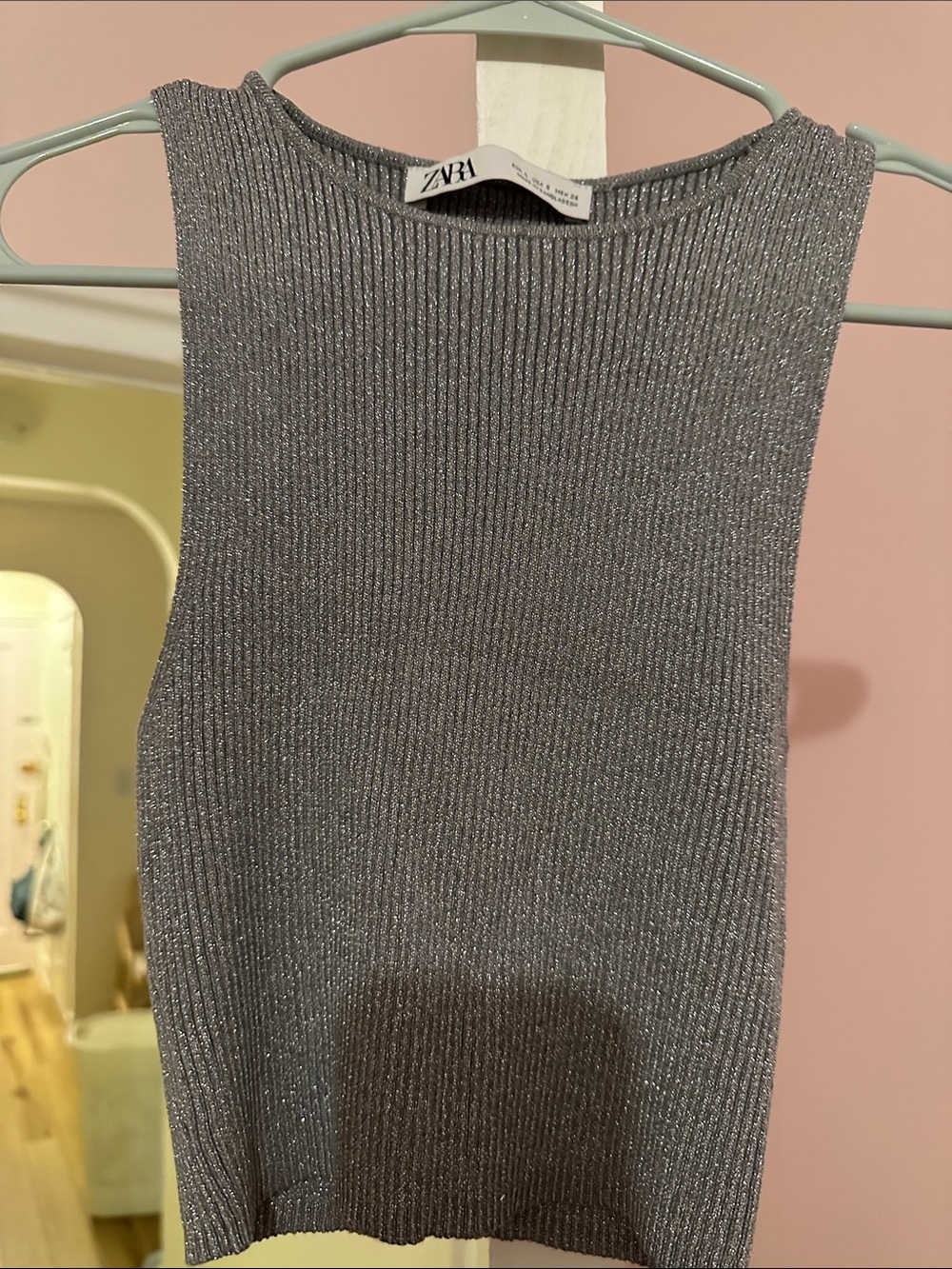 Zara Silver Ribbed Metallic Sleeveless Crewneck Sweater